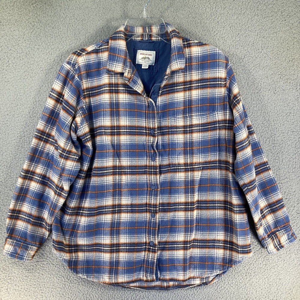 American Eagle Top Adult Small Blue Plaid Heavy Flannel Long Sleeve 100% Cotton
